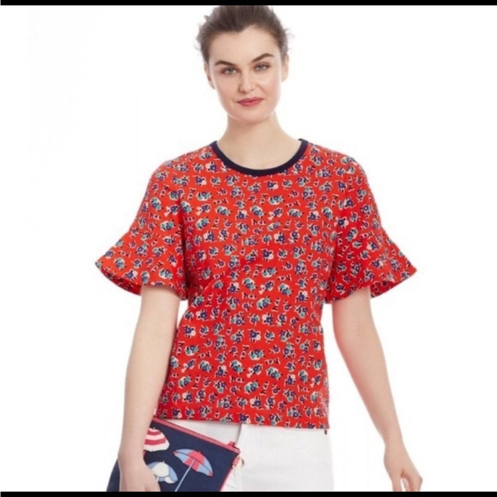 Draper James Floral Red Top with Ruffle Sleeves